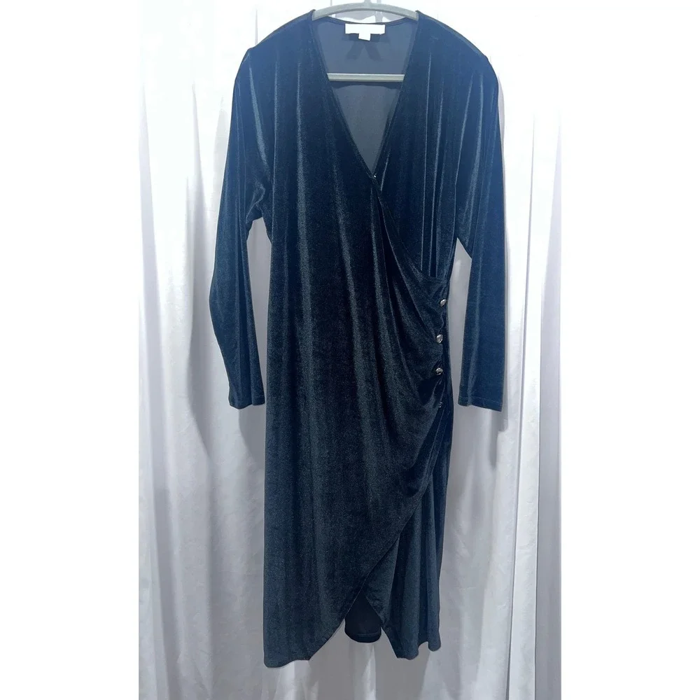 Michael Kors Women Green Velvet Faux Wrap Dress Long Sleeve Gold MK Button 1X